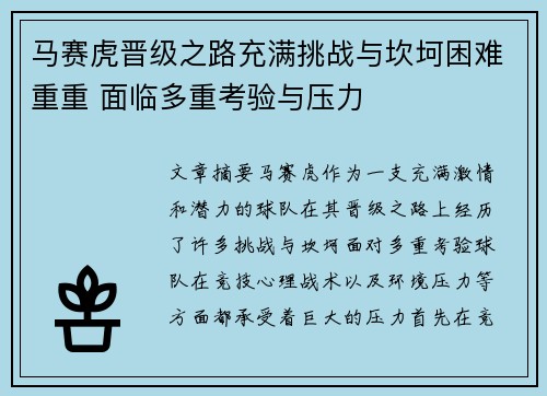 马赛虎晋级之路充满挑战与坎坷困难重重 面临多重考验与压力